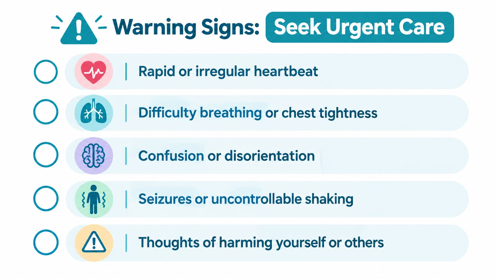 A graphic listing five urgent medical warning signs related to severe health complications or substance withdrawal.