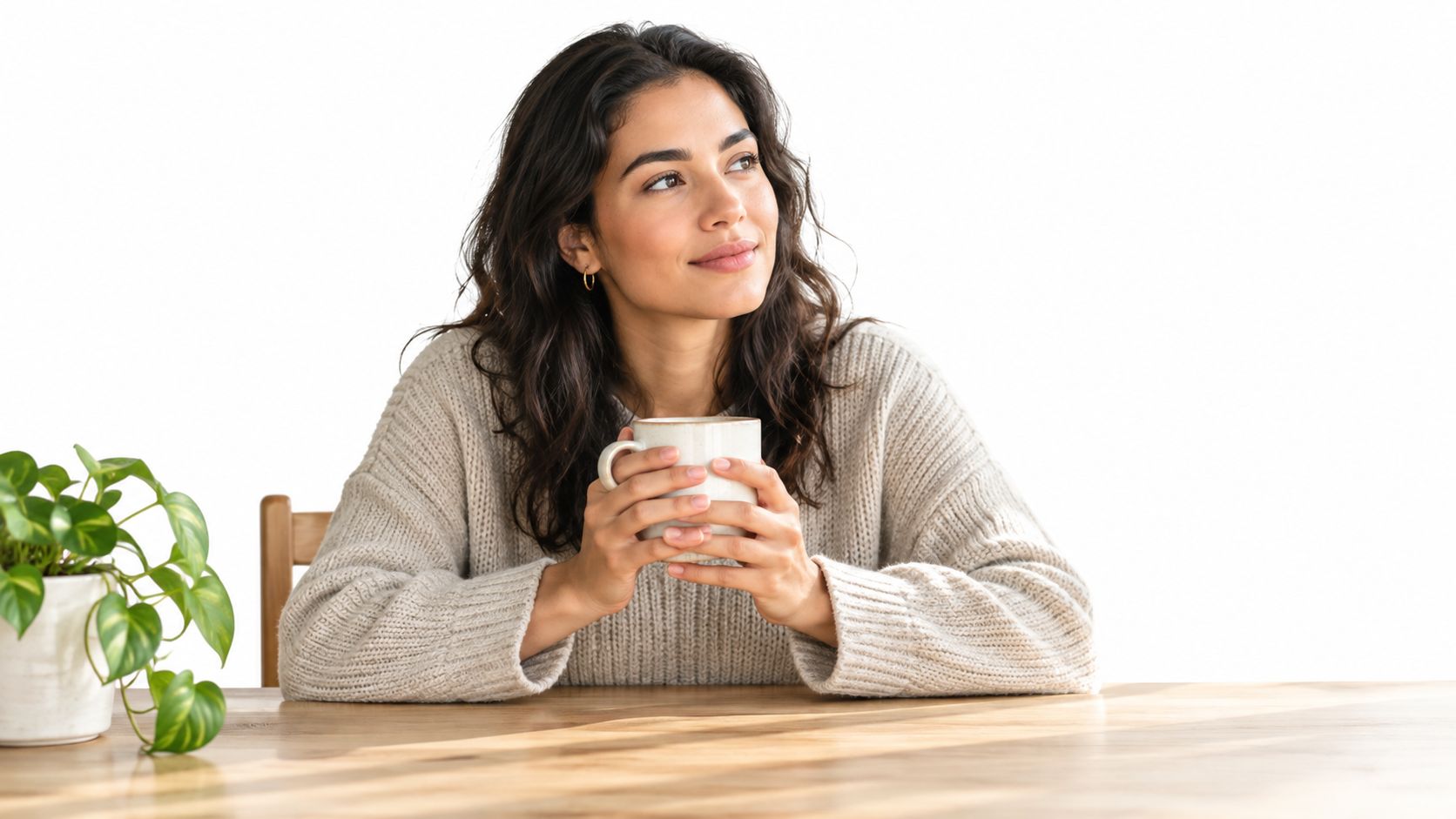 A smiling young woman holding a ceramic mug while sitting at a wooden table near a plant.