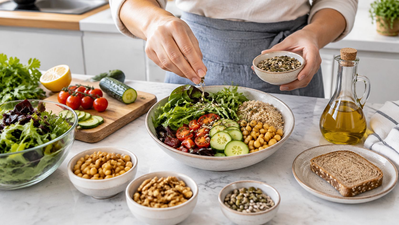 A person preparing a fresh, healthy salad with chickpeas, vegetables, seeds, and grains for a nutritious meal.