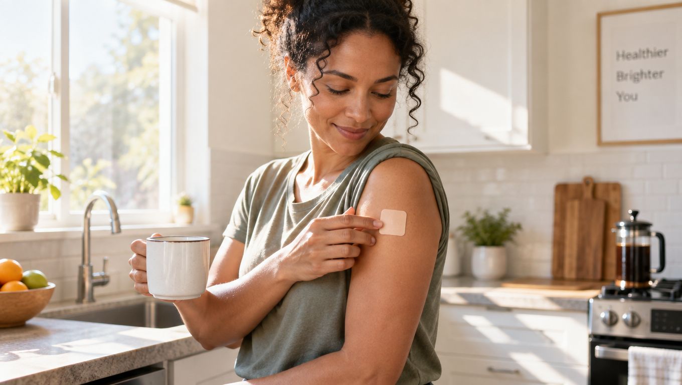 A woman holding a mug in her kitchen while applying a nicotine patch to her upper arm.