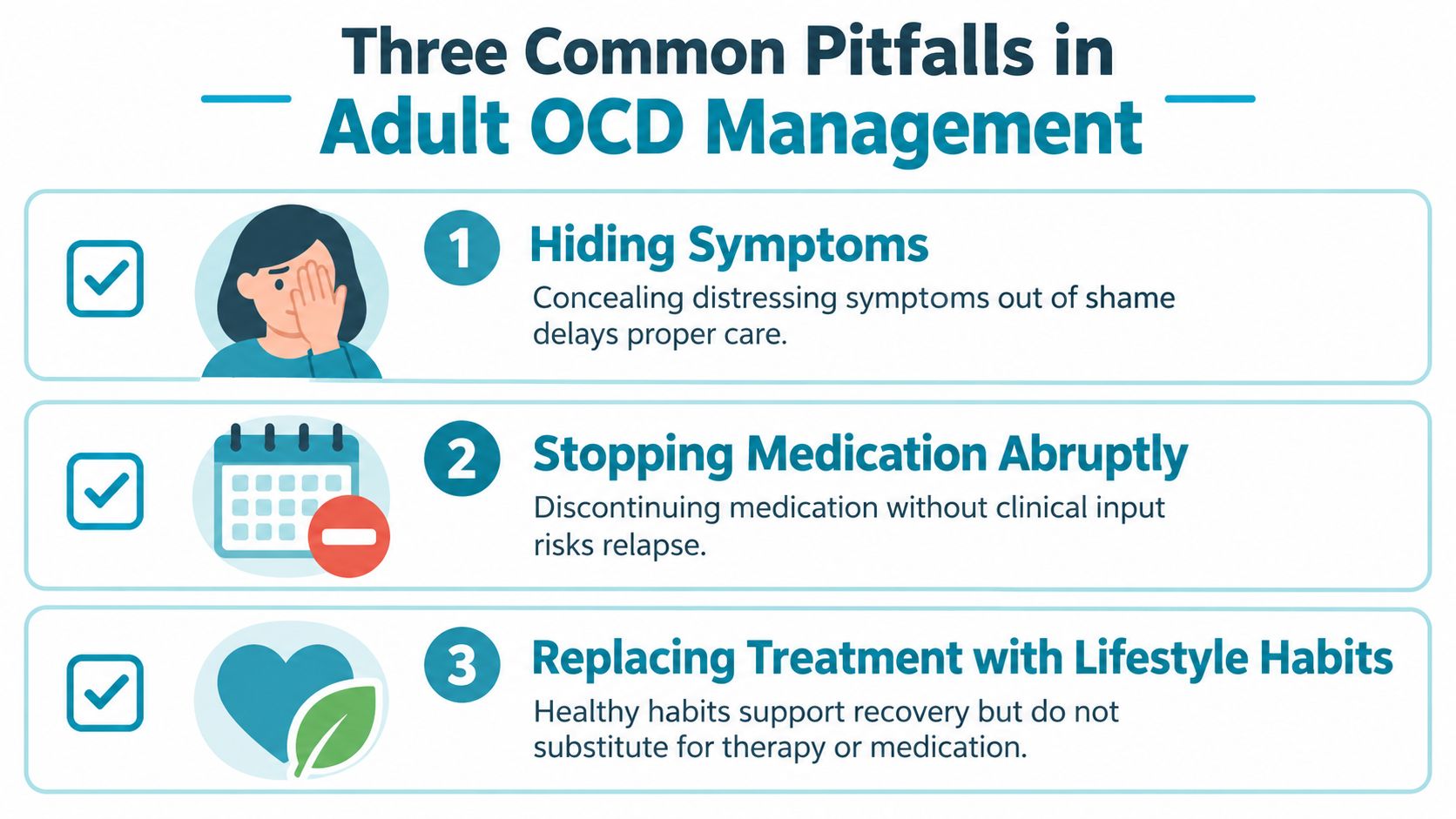An infographic titled Three Common Pitfalls in Adult OCD Management highlighting symptoms hiding, medication cessation, and replacement.