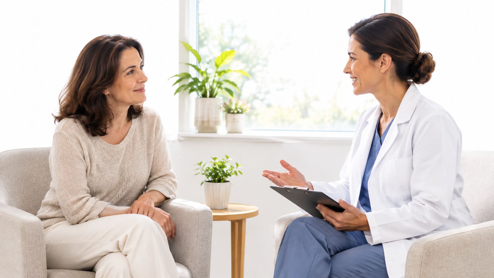 A female doctor in a white coat consulting with a mature female patient in a clinic office.