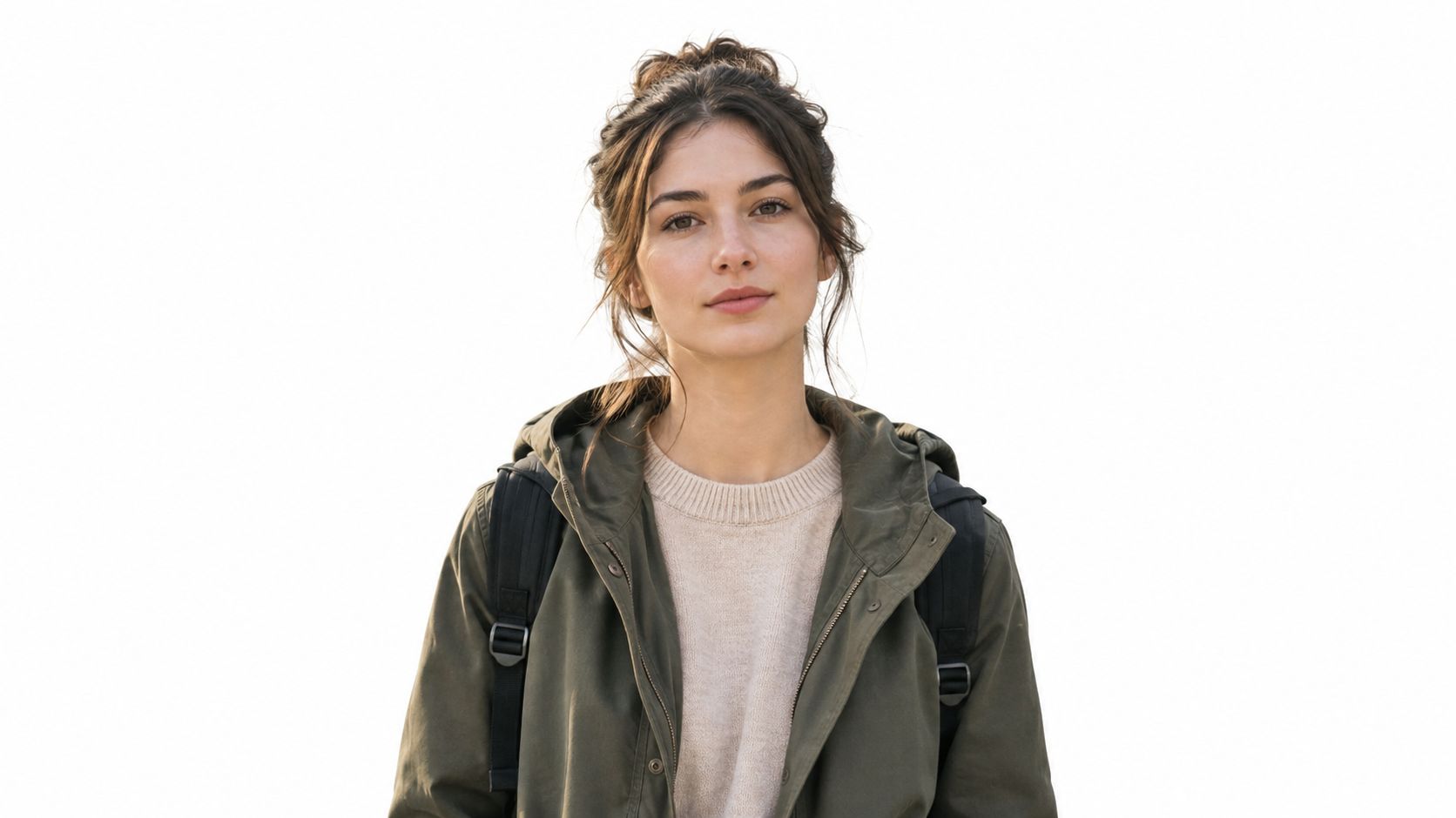 A young woman with a calm expression looking at the camera wearing a green jacket and backpack.