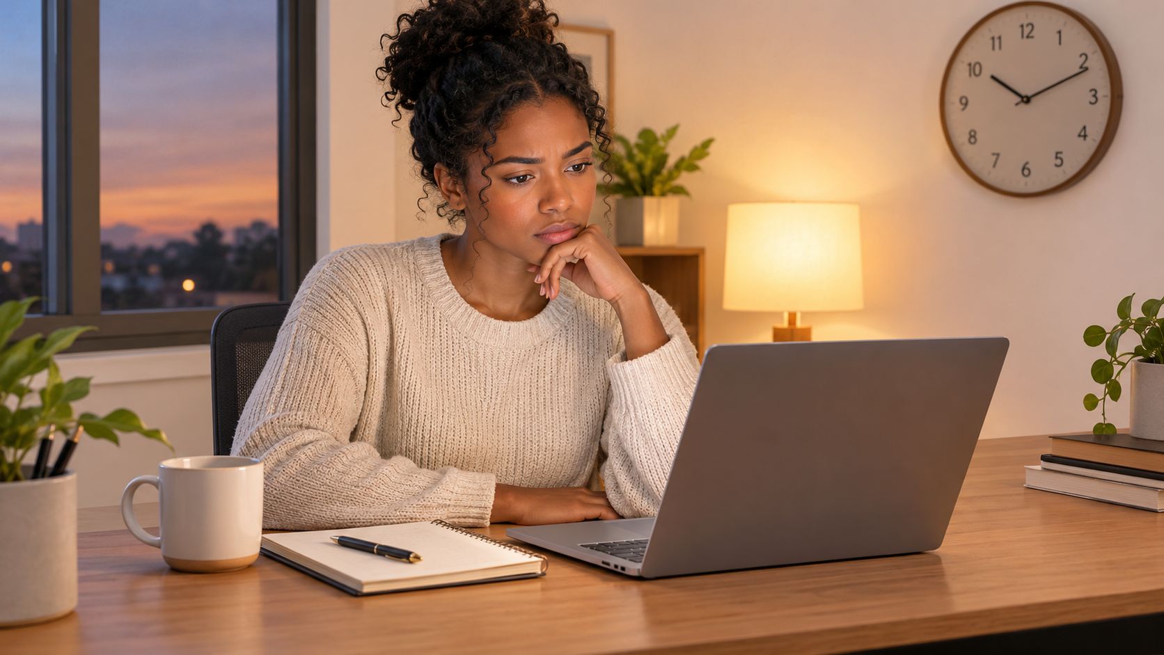 A focused woman sitting at a desk, looking intently at her laptop screen in a cozy room.