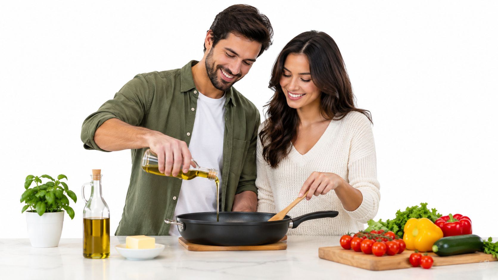 A happy couple cooking together in a kitchen, preparing a meal with fresh vegetables and cooking oil.
