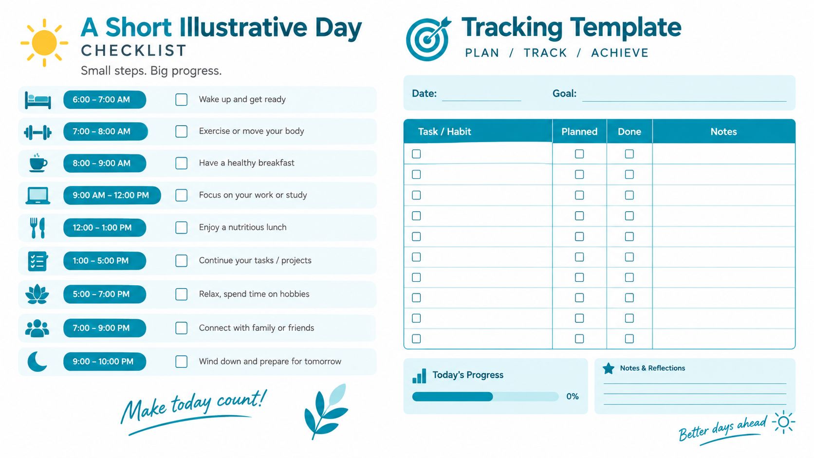 A daily planner template titled A Short Illustrative Day checklist with time blocks for morning, afternoon, and evening.