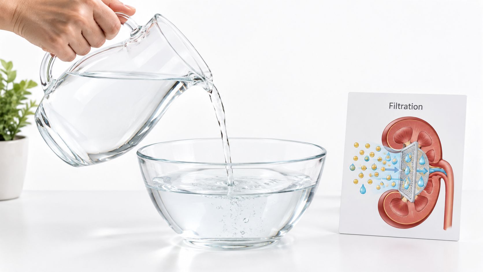 A hand pours water into a glass bowl next to an educational illustration depicting kidney filtration processes.