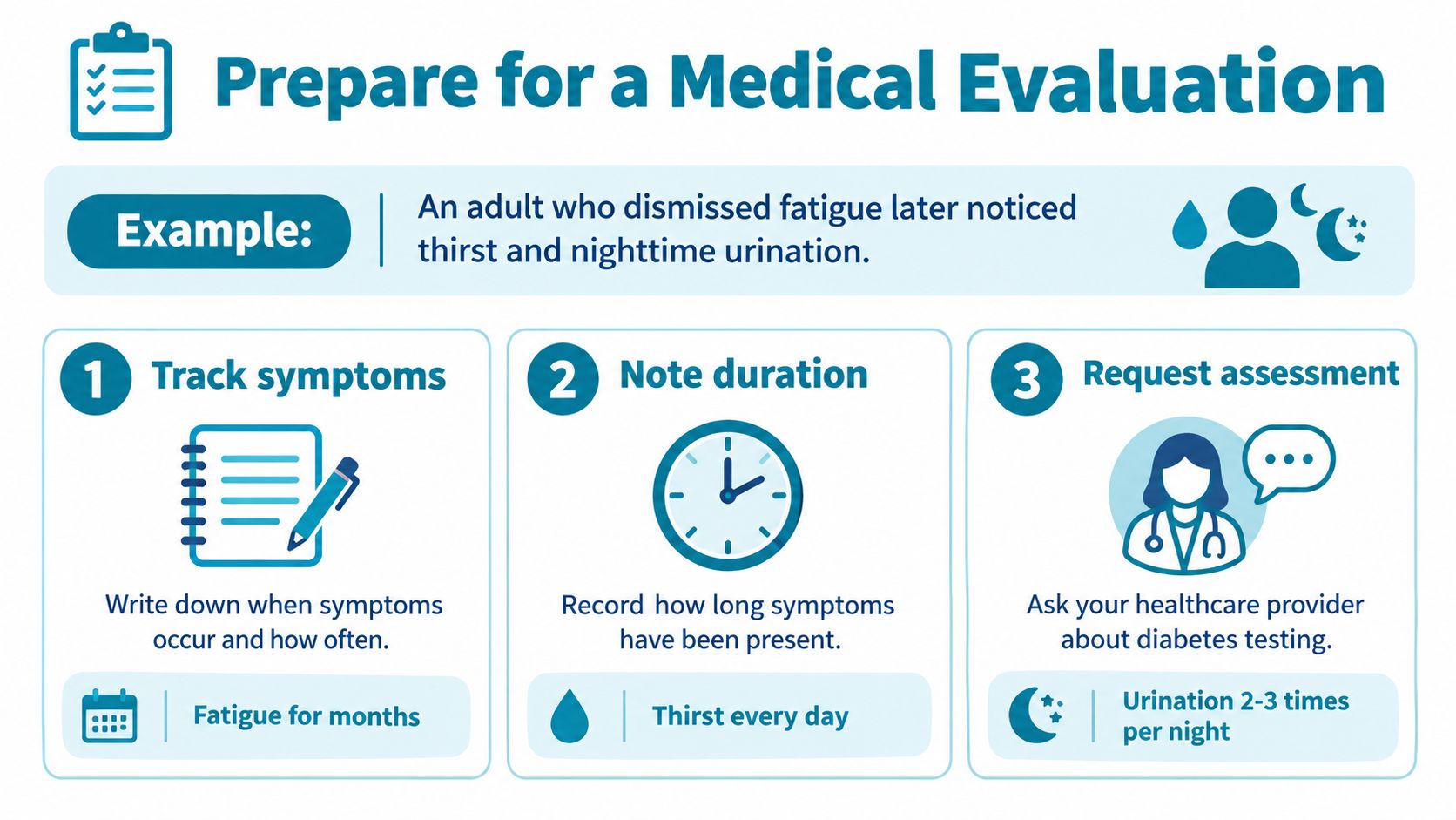 An infographic titled Prepare for a Medical Evaluation showing three steps to track symptoms for diabetes.