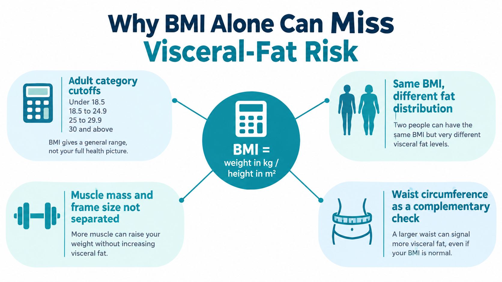 An infographic explaining why BMI alone is insufficient for assessing health and visceral fat risks.