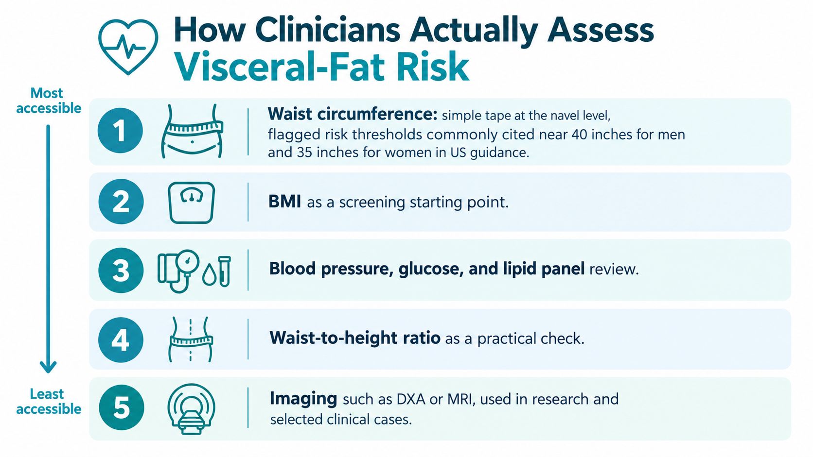 A list graphic illustrating five clinical methods for assessing visceral fat risk from most to least accessible.