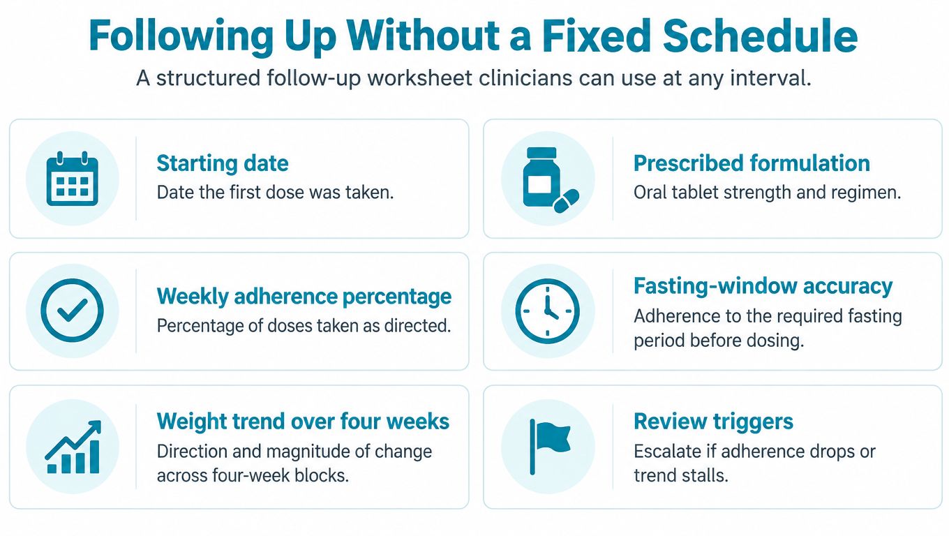 A structured clinical worksheet for clinicians to track patient progress and follow-up without a fixed schedule.