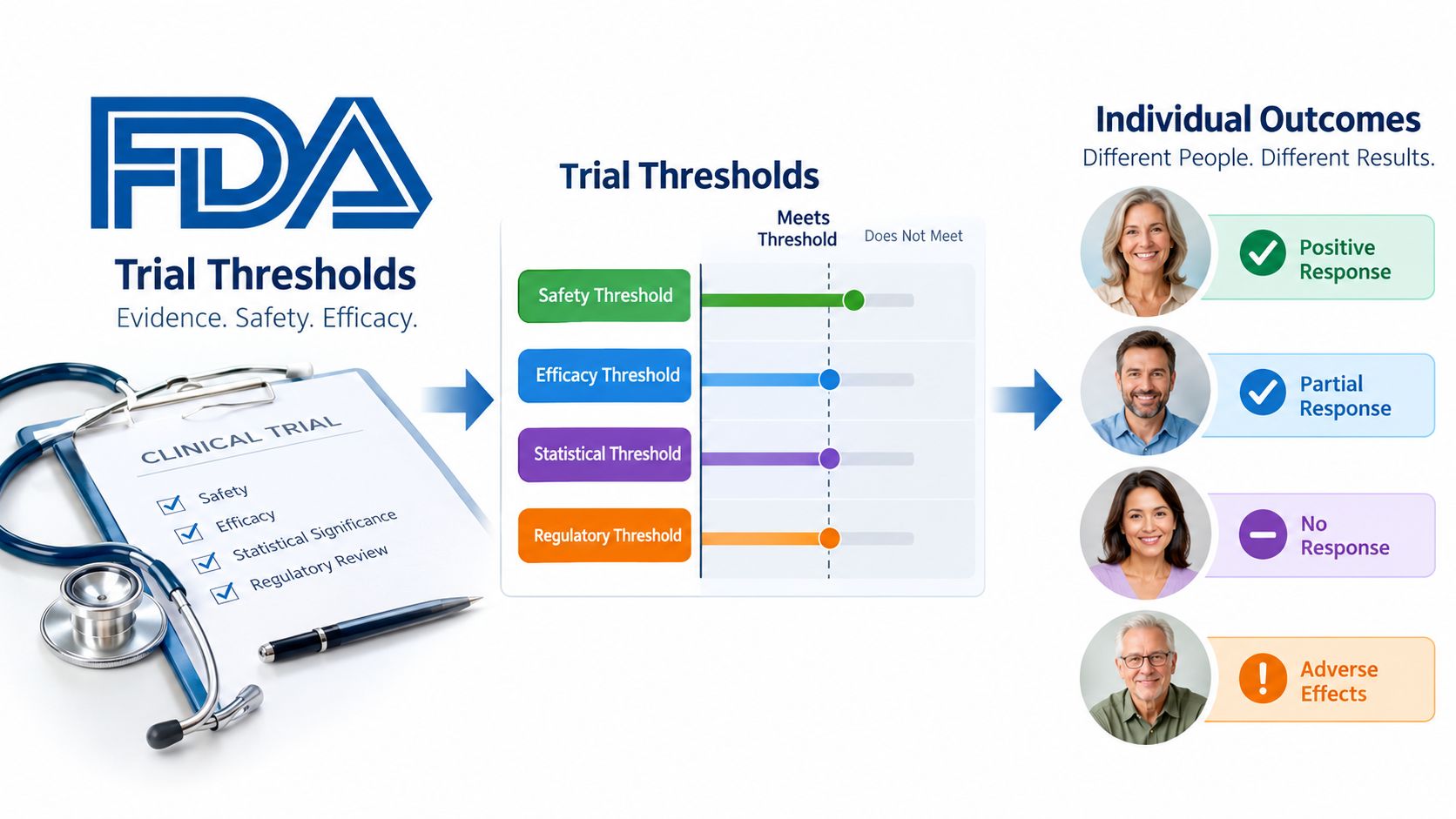A diagram illustrating FDA clinical trial thresholds for safety, efficacy, and regulatory review compared to individual patient outcomes.