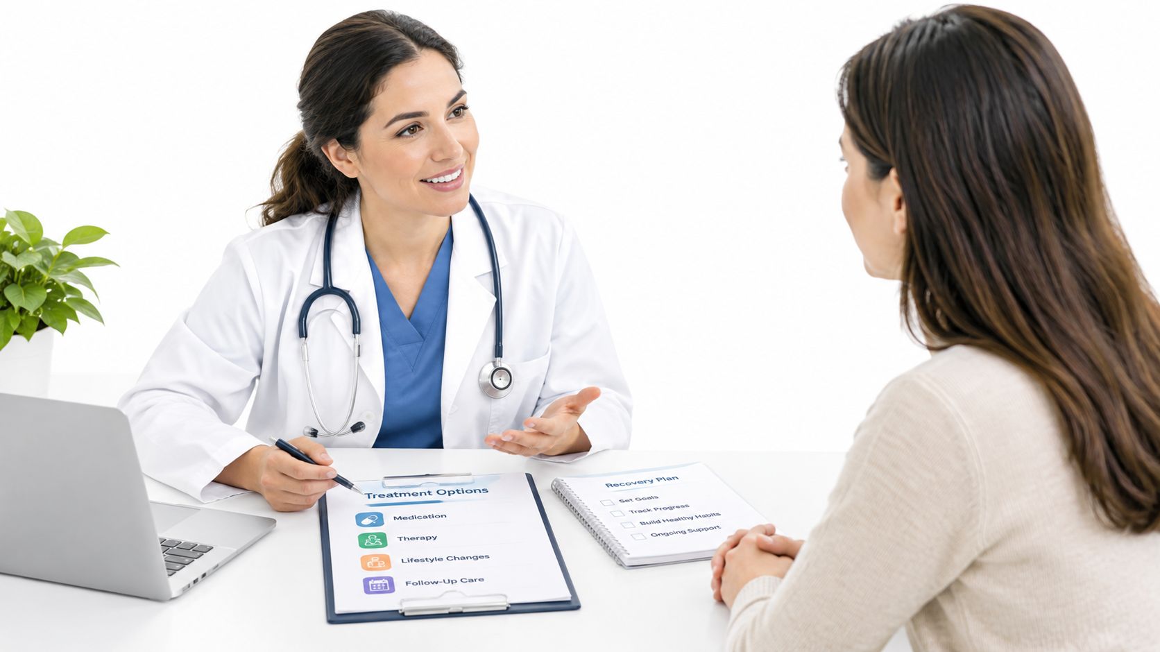 A female doctor with a stethoscope discusses a treatment plan with a patient in an office.