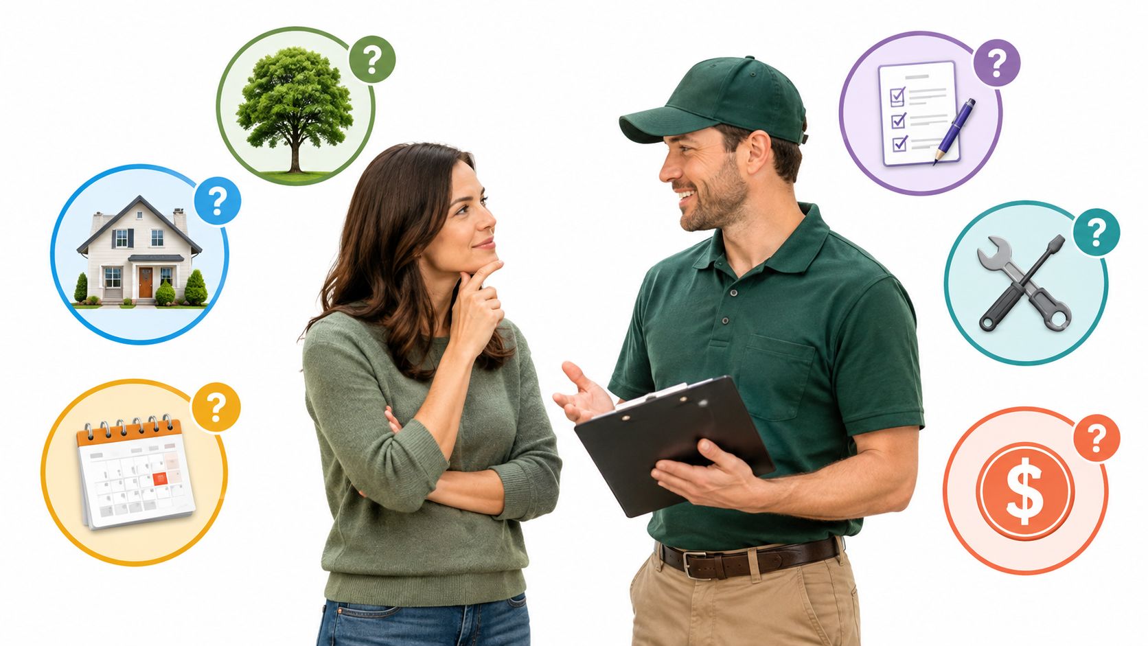 A woman consulting with a professional service worker who is holding a clipboard with icons around them.